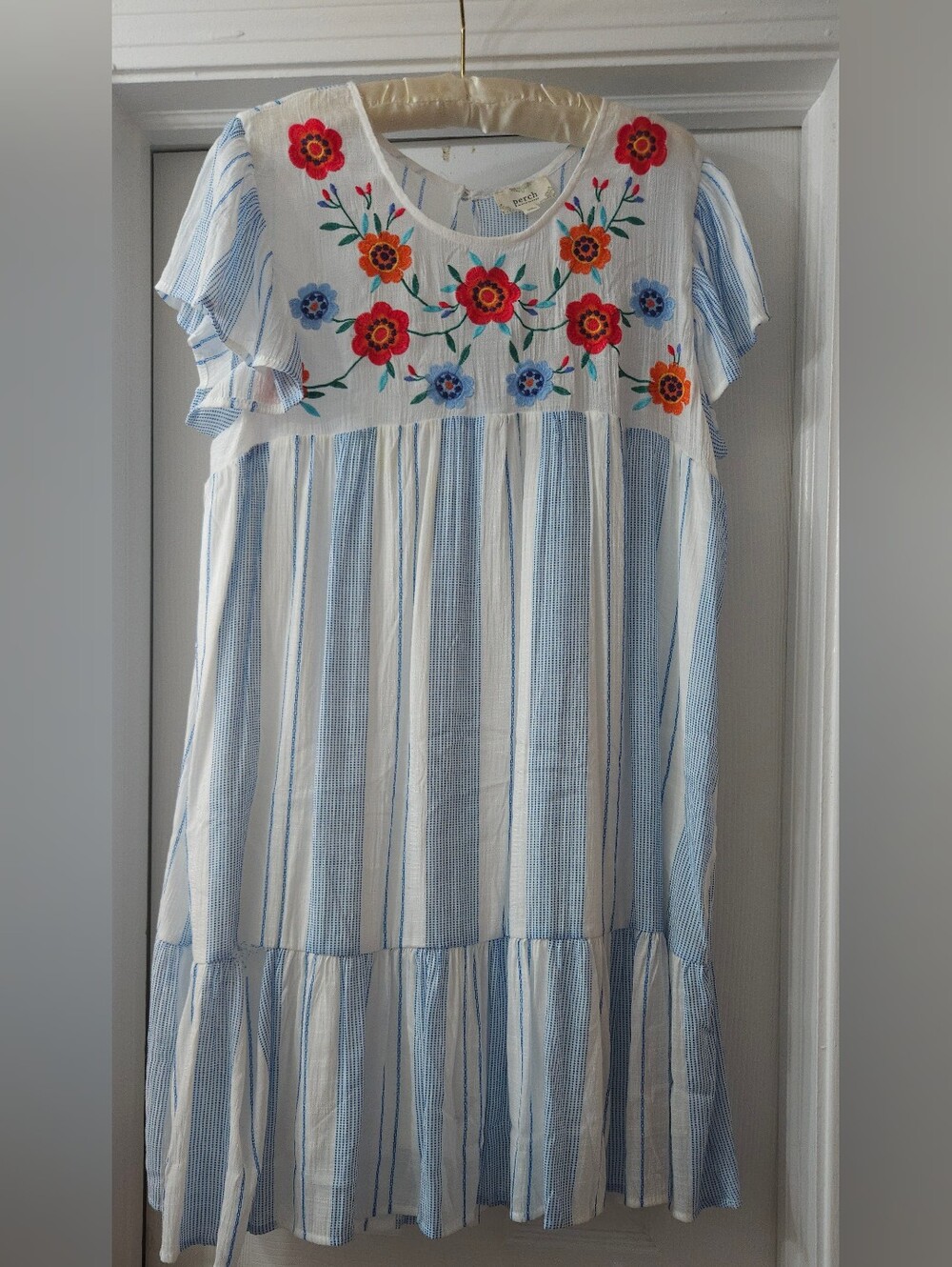 Blue & White Striped Dress with Floral Embroidery